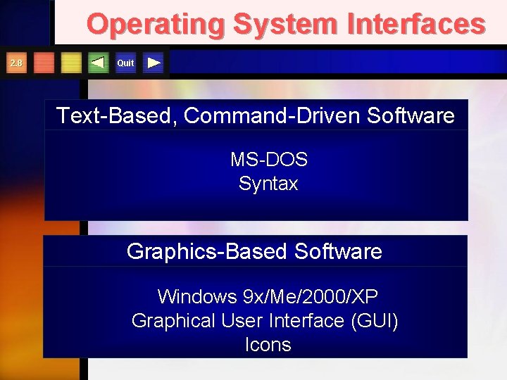 Operating System Interfaces 2. 8 Quit Text-Based, Command-Driven Software MS-DOS Syntax Graphics-Based Software Windows