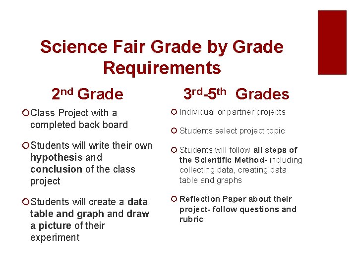 Science Fair Grade by Grade Requirements 2 nd Grade ¡Class Project with a completed