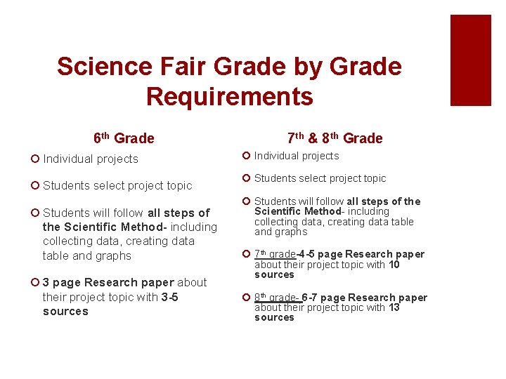 Science Fair Grade by Grade Requirements 6 th Grade ¡ Individual projects ¡ Students