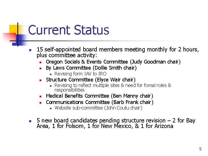 Current Status n 15 self-appointed board members meeting monthly for 2 hours, plus committee