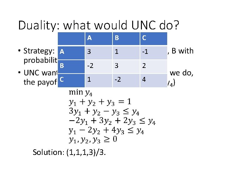 Duality: what would UNC do? • A B C A 3 1 -1 B