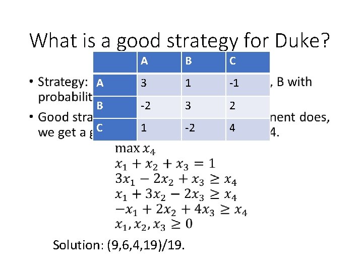 What is a good strategy for Duke? • A B C A 3 1