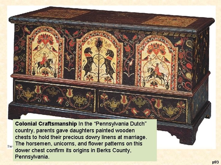 Colonial Craftsmanship In the “Pennsylvania Dutch” country, parents gave daughters painted wooden chests to