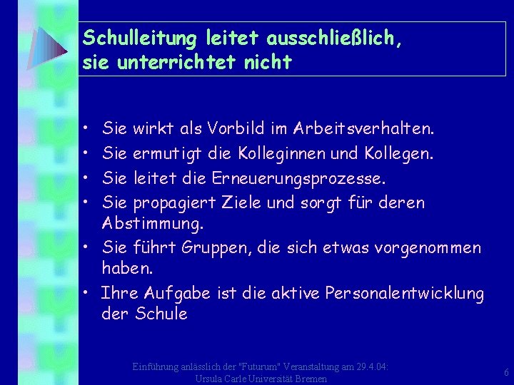 Schulleitung leitet ausschließlich, sie unterrichtet nicht • • Sie wirkt als Vorbild im Arbeitsverhalten.