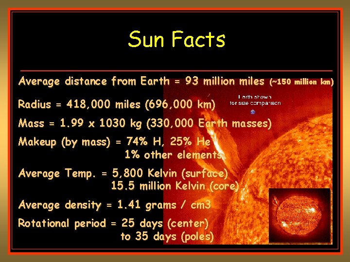 Sun Facts Average distance from Earth = 93 million miles (~150 million km) Radius Sun Facts Average distance from Earth = 93 million miles (~150 million km) Radius
