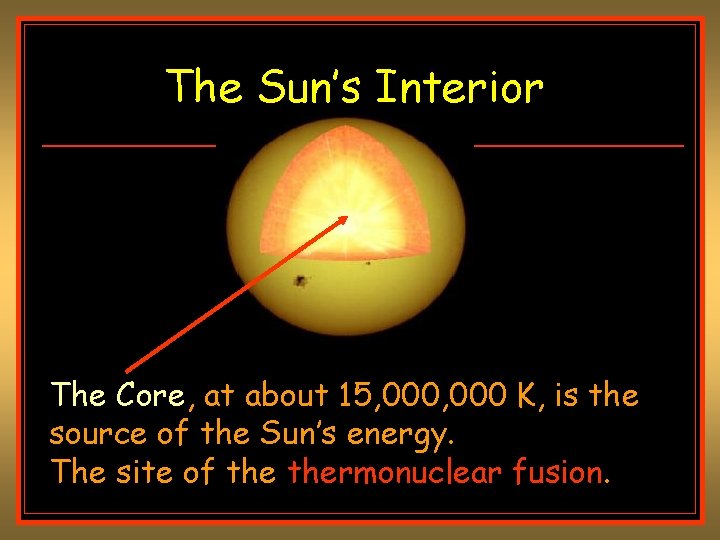 The Sun’s Interior The Core, at about 15, 000 K, is the source of The Sun’s Interior The Core, at about 15, 000 K, is the source of