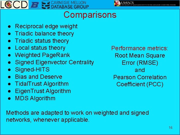 Comparisons ● ● ● Reciprocal edge weight Triadic balance theory Triadic status theory Local