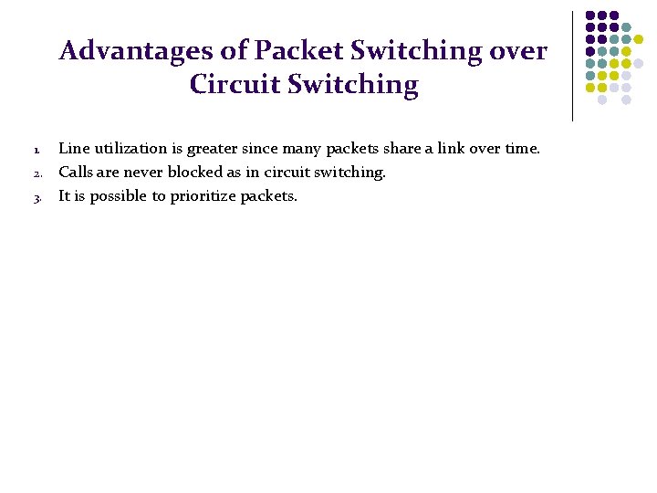 Advantages of Packet Switching over Circuit Switching 1. 2. 3. Line utilization is greater