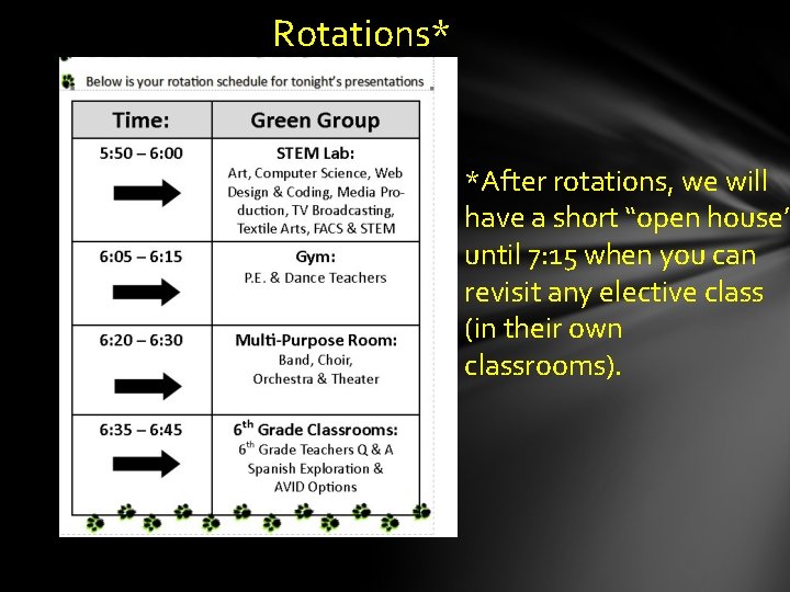 Rotations* *After rotations, we will have a short “open house” until 7: 15 when