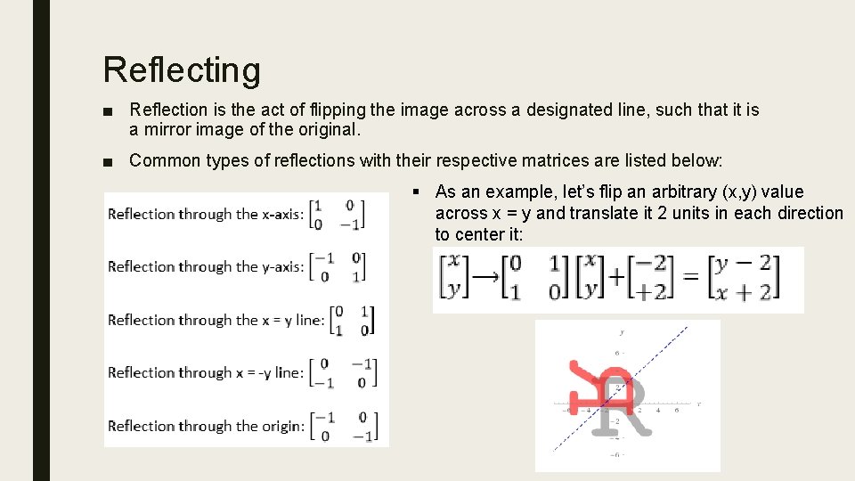 Reflecting ■ Reflection is the act of flipping the image across a designated line,