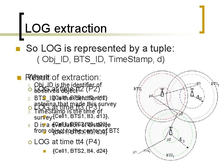 LOG extraction n So LOG is represented by a tuple: ( Obj_ID, BTS_ID, Time.
