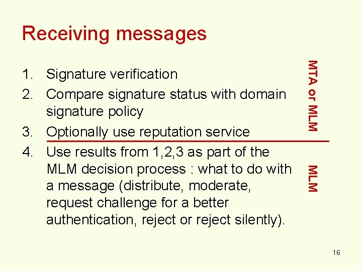 Receiving messages MTA or MLM 1. Signature verification 2. Compare signature status with domain