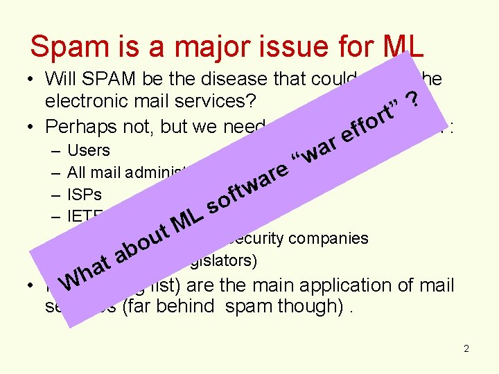 Spam is a major issue for ML • Will SPAM be the disease that