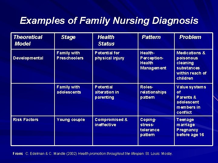 Examples of Family Nursing Diagnosis Theoretical Model Developmental Risk Factors Stage Health Status Pattern