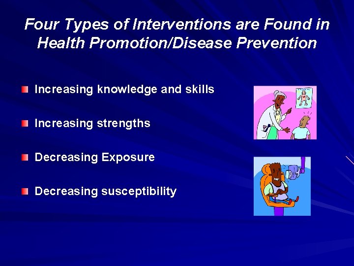 Four Types of Interventions are Found in Health Promotion/Disease Prevention Increasing knowledge and skills