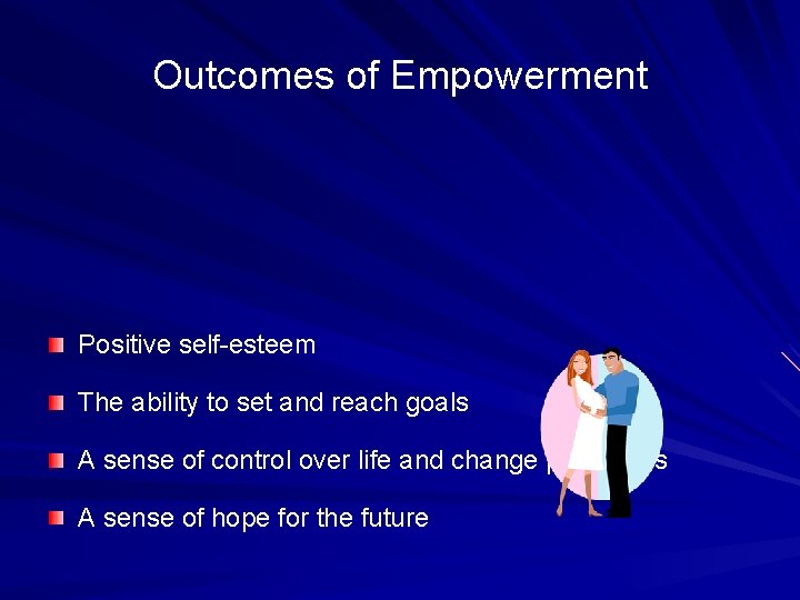Outcomes of Empowerment Positive self-esteem The ability to set and reach goals A sense