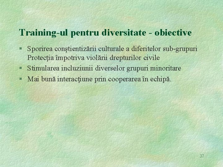 Training-ul pentru diversitate - obiective § Sporirea conştientizării culturale a diferitelor sub-grupuri Protecţia împotriva