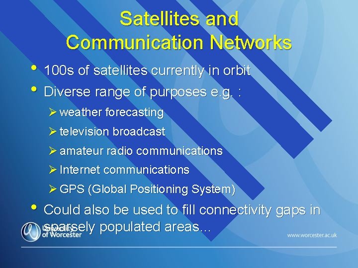 Satellites and Communication Networks • 100 s of satellites currently in orbit • Diverse