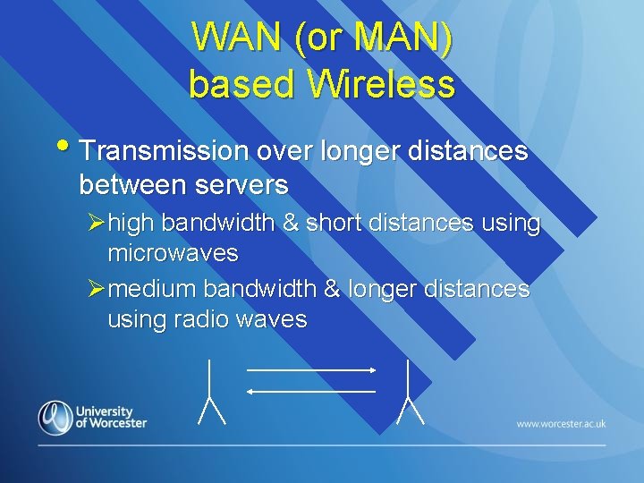 WAN (or MAN) based Wireless • Transmission over longer distances between servers Øhigh bandwidth