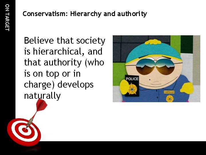 ON TARGET Conservatism: Hierarchy and authority Believe that society is hierarchical, and that authority ON TARGET Conservatism: Hierarchy and authority Believe that society is hierarchical, and that authority