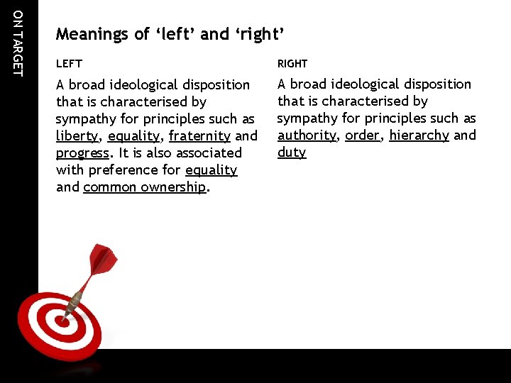 ON TARGET Meanings of ‘left’ and ‘right’ LEFT RIGHT A broad ideological disposition that ON TARGET Meanings of ‘left’ and ‘right’ LEFT RIGHT A broad ideological disposition that