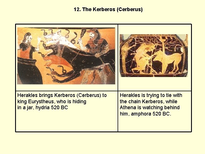 12. The Kerberos (Cerberus) Herakles brings Kerberos (Cerberus) to king Eurystheus, who is hiding