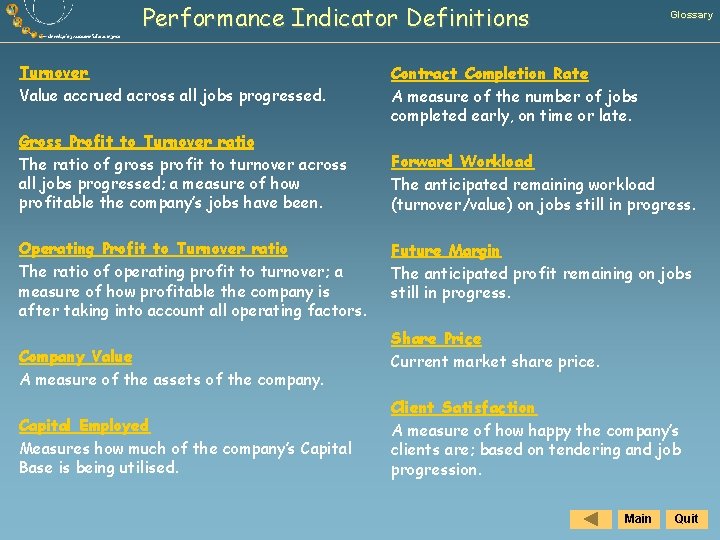 Performance Indicator Definitions Turnover Value accrued across all jobs progressed. Gross Profit to Turnover