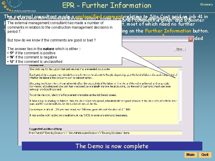 EPR - Further Information Glossary The external consultant made. Review a unclassified comment relating