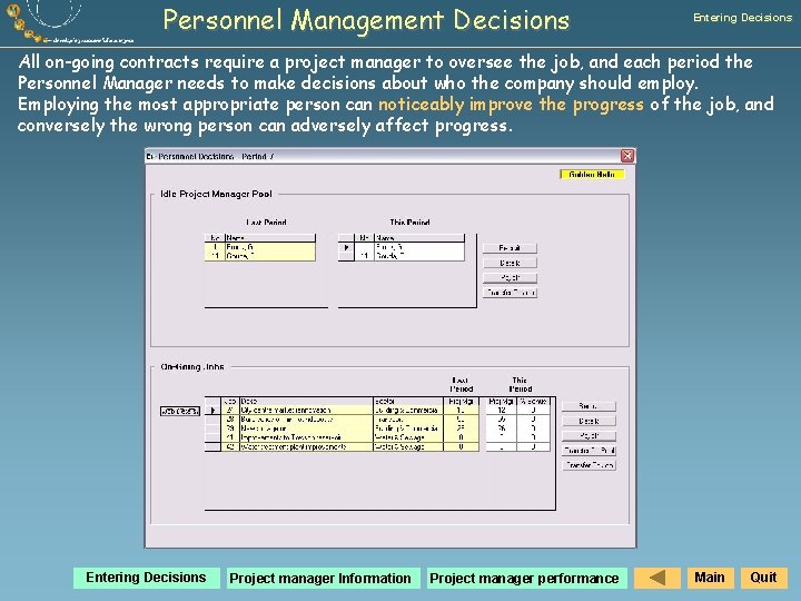 Personnel Management Decisions Entering Decisions All on-going contracts require a project manager to oversee