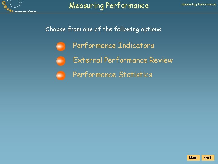 Measuring Performance Choose from one of the following options Performance Indicators External Performance Review