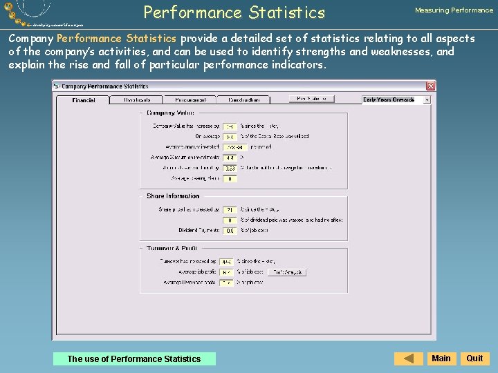 Performance Statistics Measuring Performance Company Performance Statistics provide a detailed set of statistics relating