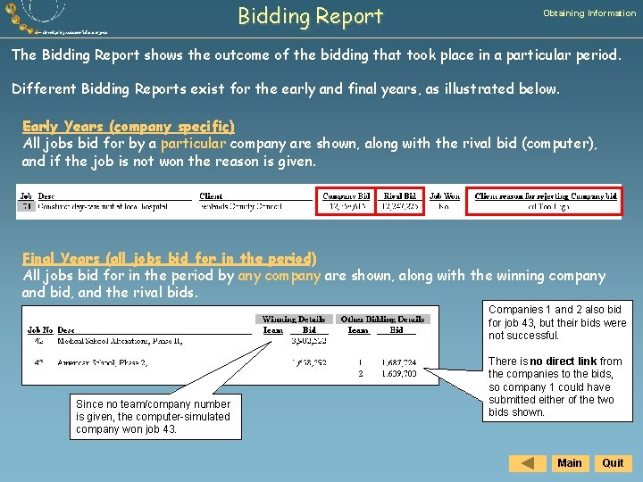 Bidding Report Obtaining Information The Bidding Report shows the outcome of the bidding that