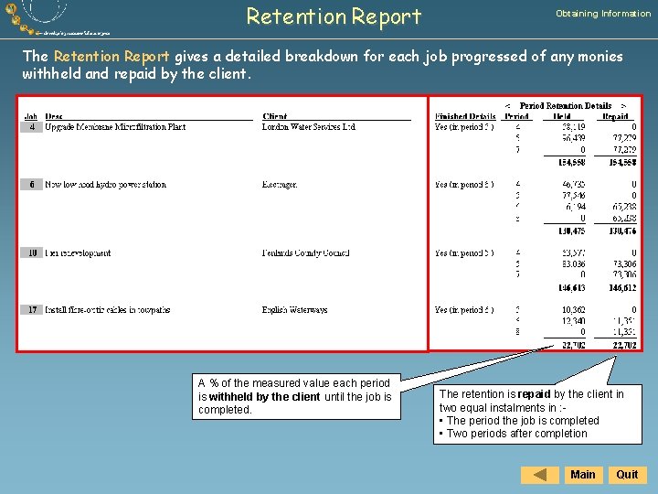 Retention Report Obtaining Information The Retention Report gives a detailed breakdown for each job