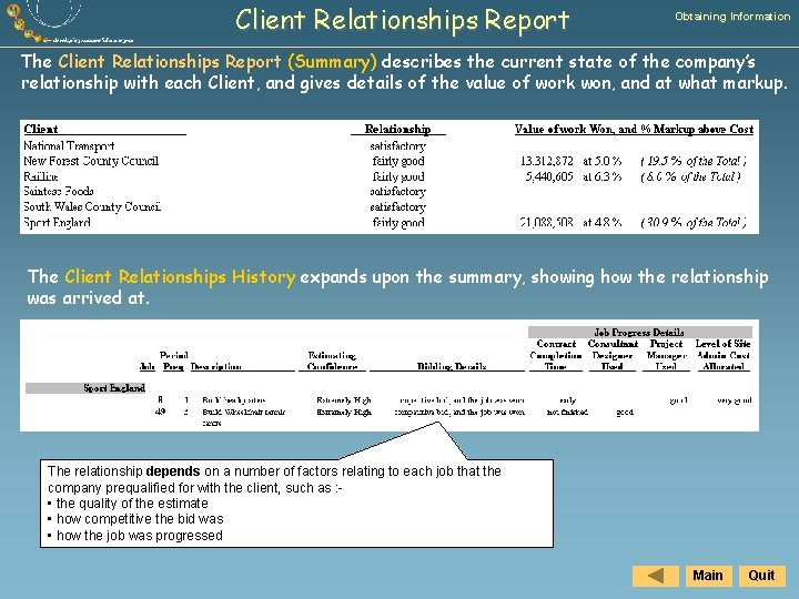 Client Relationships Report Obtaining Information The Client Relationships Report (Summary) describes the current state