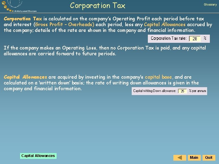 Corporation Tax Glossary Corporation Tax is calculated on the company’s Operating Profit each period
