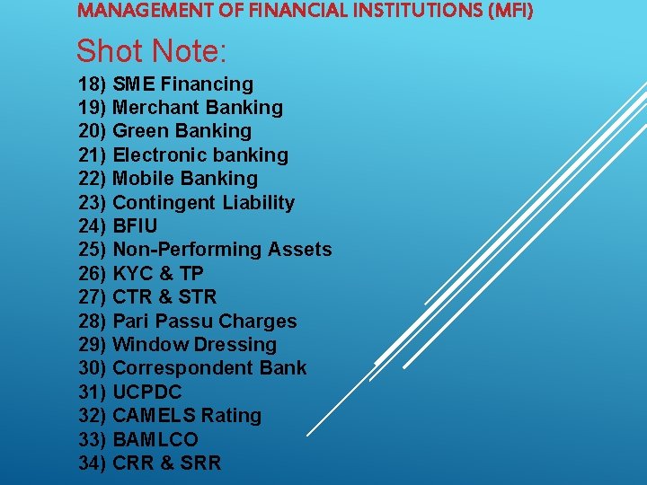 MANAGEMENT OF FINANCIAL INSTITUTIONS (MFI) Shot Note: 18) SME Financing 19) Merchant Banking 20)