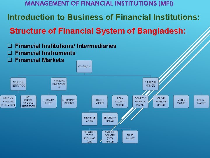 MANAGEMENT OF FINANCIAL INSTITUTIONS (MFI) Introduction to Business of Financial Institutions: Structure of Financial