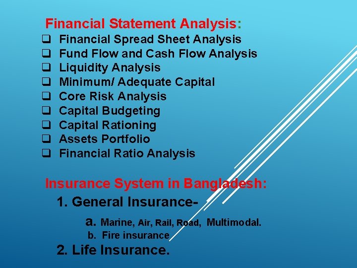 Financial Statement Analysis: q q q q q Financial Spread Sheet Analysis Fund Flow
