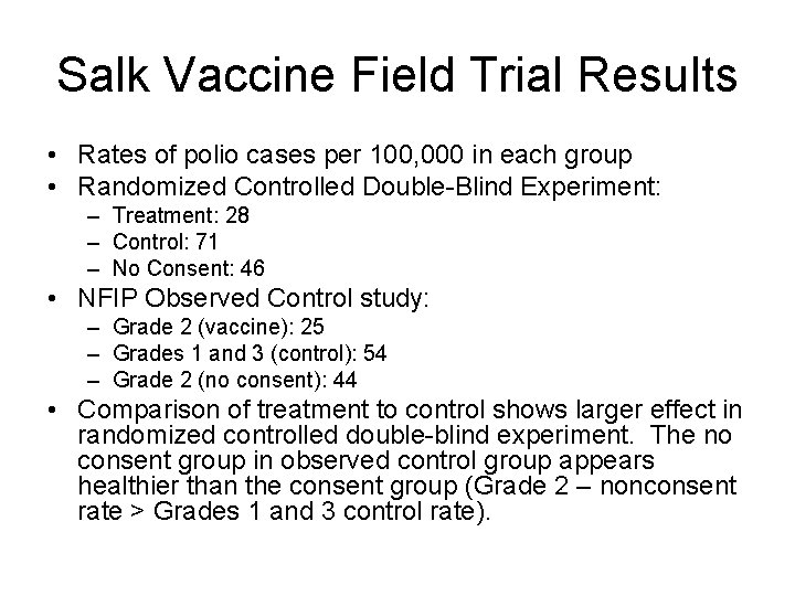 Salk Vaccine Field Trial Results • Rates of polio cases per 100, 000 in