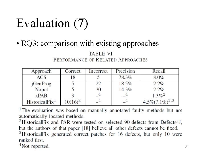 Evaluation (7) • RQ 3: comparison with existing approaches 21 Evaluation (7) • RQ 3: comparison with existing approaches 21