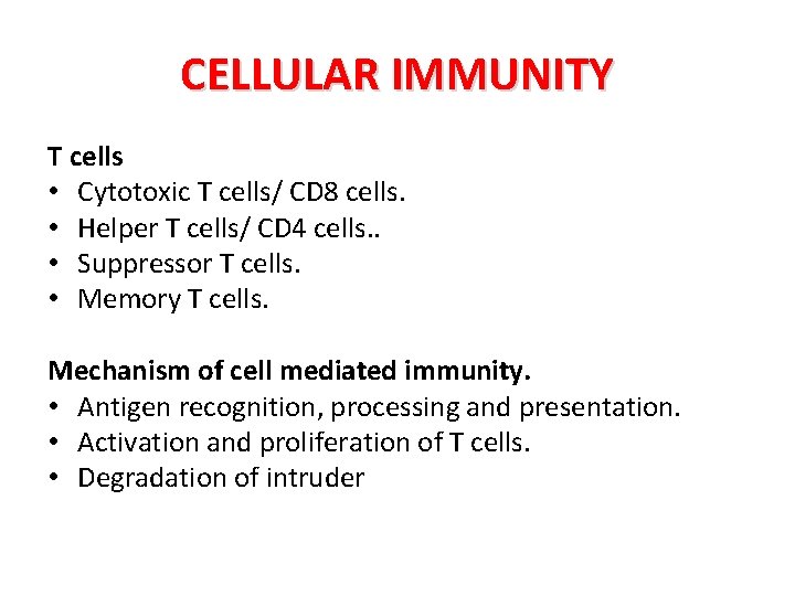 CELLULAR IMMUNITY T cells • Cytotoxic T cells/ CD 8 cells. • Helper T