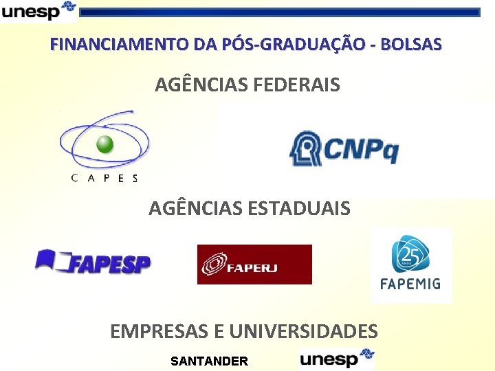 FINANCIAMENTO DA PÓS-GRADUAÇÃO - BOLSAS AGÊNCIAS FEDERAIS AGÊNCIAS ESTADUAIS EMPRESAS E UNIVERSIDADES SANTANDER 