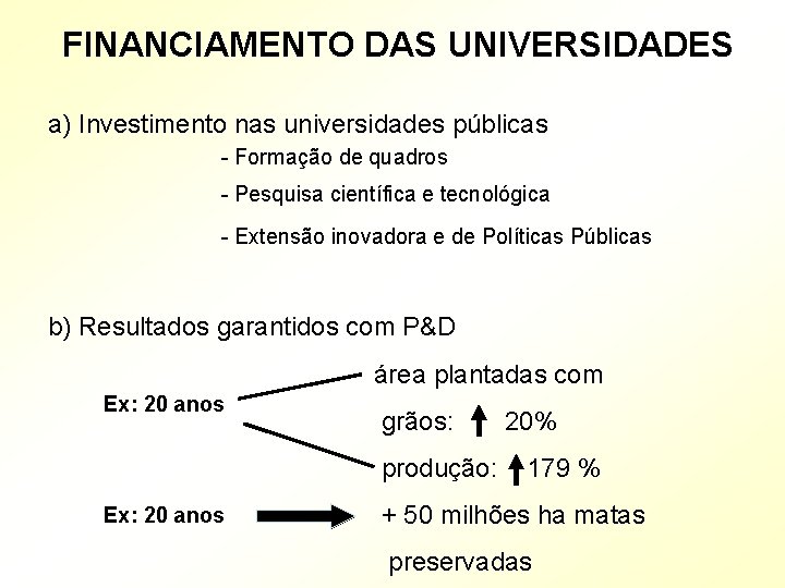 FINANCIAMENTO DAS UNIVERSIDADES a) Investimento nas universidades públicas - Formação de quadros - Pesquisa
