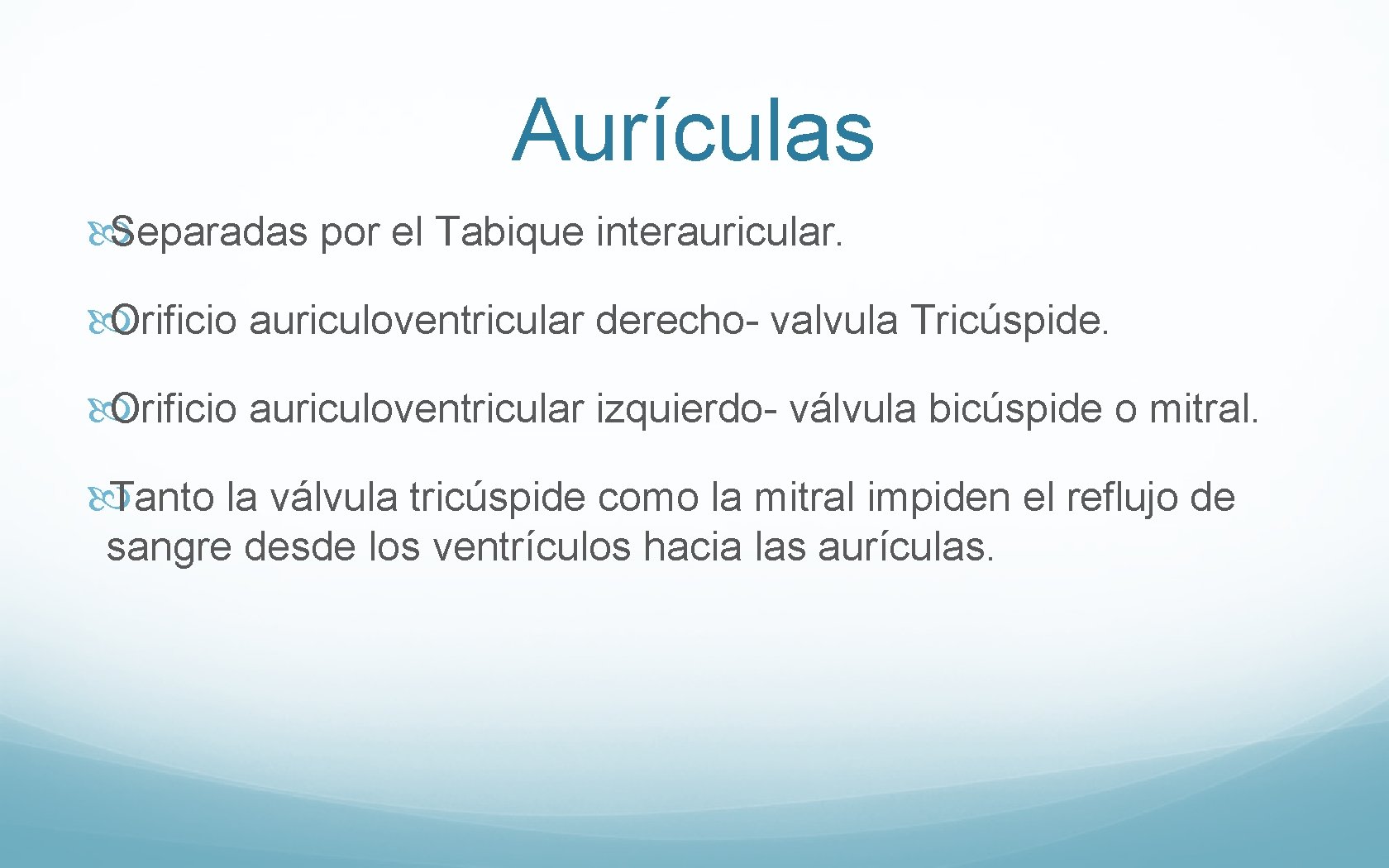 Aurículas Separadas por el Tabique interauricular. Orificio auriculoventricular derecho- valvula Tricúspide. Orificio auriculoventricular izquierdo-