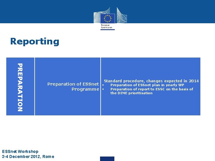 Reporting PREPARATION Standard procedure, changes expected in 2014 Preparation of ESSnet Programme ESSnet Workshop Reporting PREPARATION Standard procedure, changes expected in 2014 Preparation of ESSnet Programme ESSnet Workshop