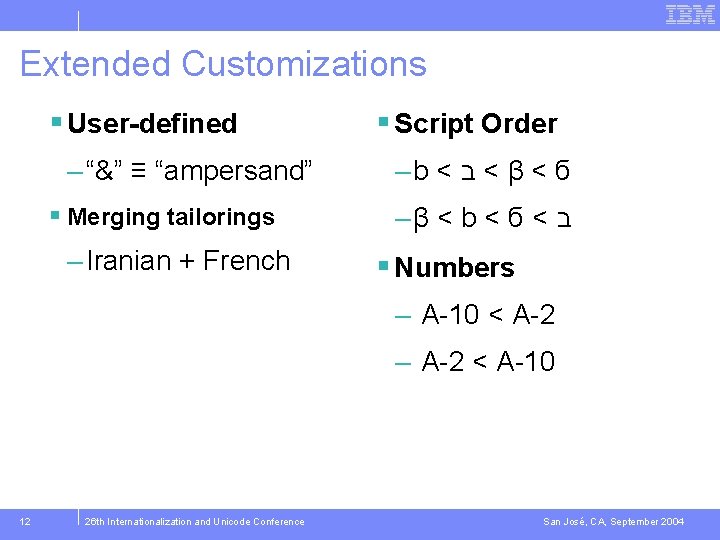 Extended Customizations § User-defined – “&” ≡ “ampersand” § Merging tailorings – Iranian +