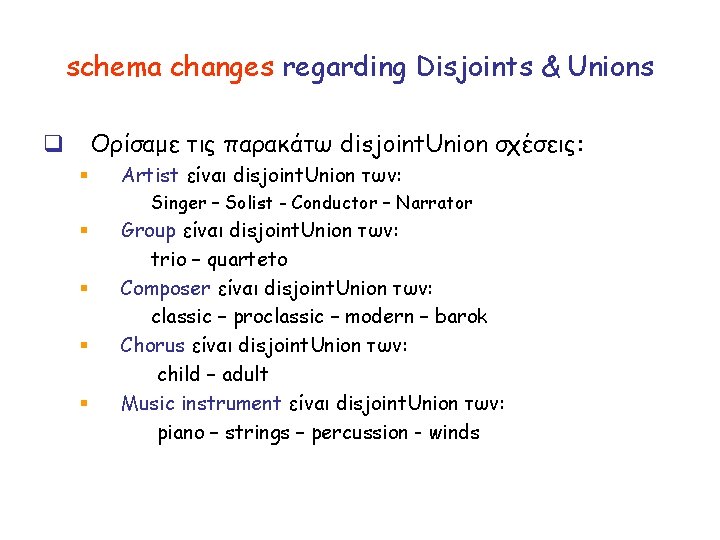 schema changes regarding Disjoints & Unions Ορίσαμε τις παρακάτω disjoint. Union σχέσεις: q §