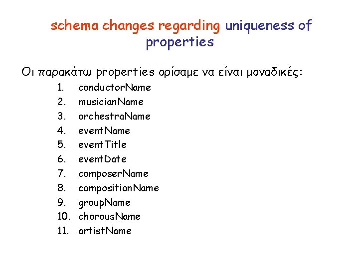 schema changes regarding uniqueness of properties Οι παρακάτω properties ορίσαμε να είναι μοναδικές: 1.