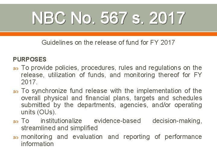 NBC No. 567 s. 2017 Guidelines on the release of fund for FY 2017