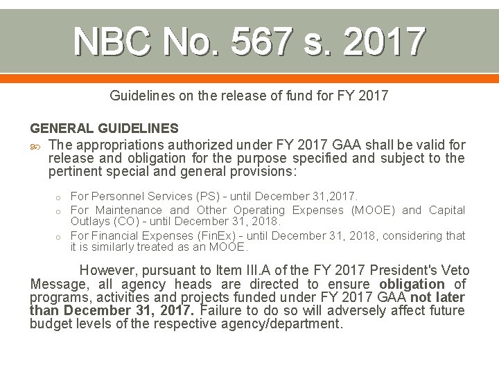 NBC No. 567 s. 2017 Guidelines on the release of fund for FY 2017